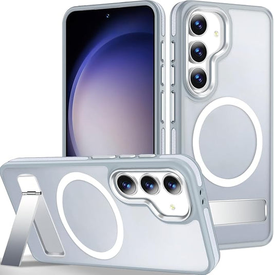 for Samsung Galaxy S24 Case, [Built-in Stand] Anti-Skid TPU Edge & Matte Translucent S24 Cover, Compatible with Magsafe, Slim Shockproof Magnetic Phone Case for S24 5G (Grey/White)