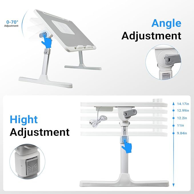 Laptop Lap Desk with Cooling Fan - Adjustable with Light, USB, Storage Drawer - Folding Bed Desk,22.04"*12.59",Grey