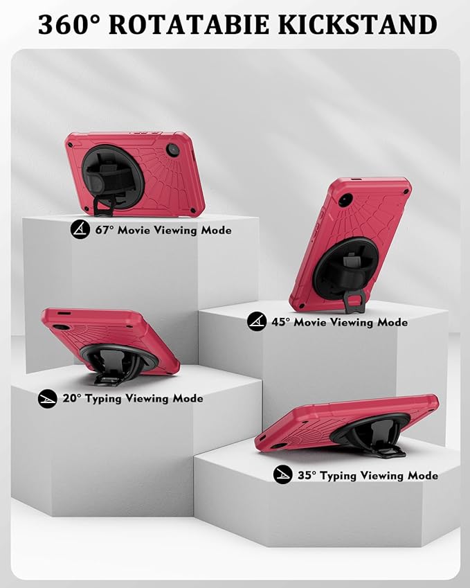 Case for Samsung Galaxy Tab A9 8.7 Inch 2023, 360° Rotating Stand, Hand Strap&Shoulder Strap Case for Samsung A9 Tablet(SM-X110/X115/X117) (Rose Red)