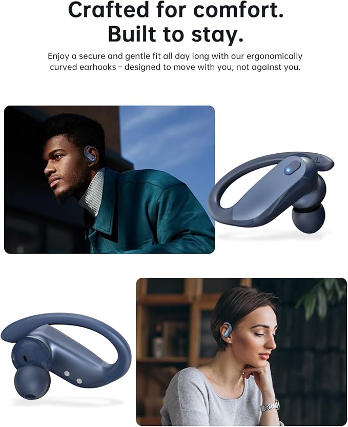 Bluetooth Earbuds with Earhooks 48H Playtime,IPX7 Waterproof Wireless Headphones with Bluetooth 5.3,ENC Noise Cancelling Mic,Lightweight Fit for Office,Travel Gym Daily Style (Dark Blue)
