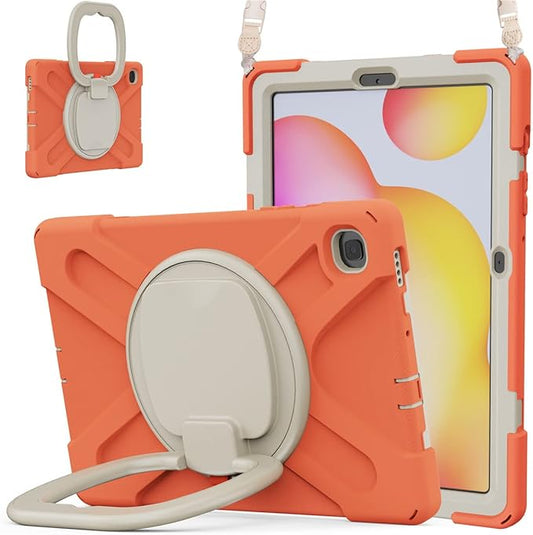 360 Rotation Case for Samsung Galaxy Tab S6 Lite 10.4" Sturdy Cover Rotate Ring Stand Shoulder Carrying Strap Hand Strap Rugged Children Adults Outdoor Case (Orange)