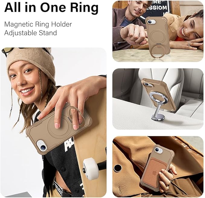 Designed for iPhone 16E Case with Magnetic Stand [Military Drop Protection][Compatible with Magnet] Shockproof 16E Phone Case with Ring Holder, Khaki