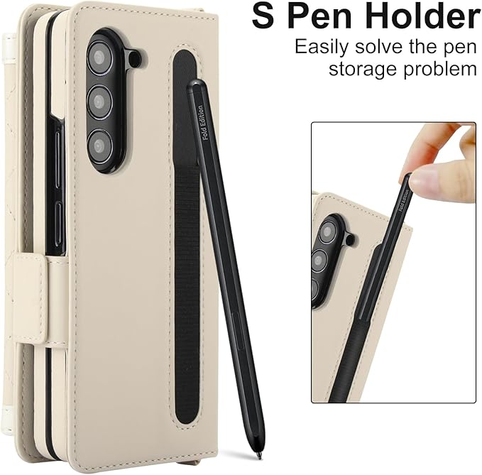 for Samsung Galaxy Z Fold 7 Wallet Case - Stitching Pattern RFID Blocking Card Holder, S Pen Slot Crossbody Strap, Full Body Protection Flip Cover for Women White