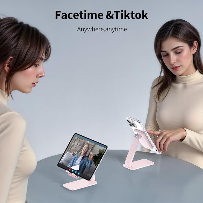 iWALK Magnetic Cell Phone Stand for Desk, Angle and Height Adjustable Mobile Phone Holder, Foldable Magnet Stand for iPhone 16 15 14 13 12 Pro Max and iPad, Cell Phone Holder for Samsung Galaxy, Pink