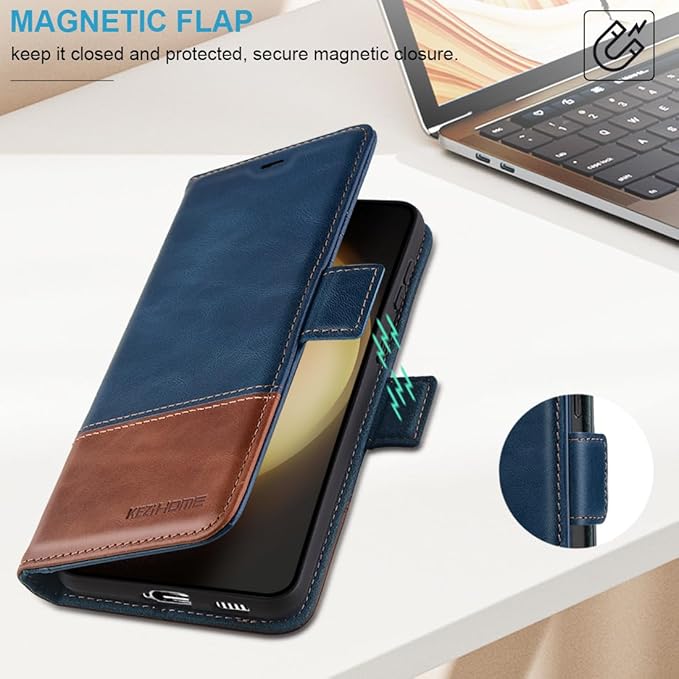 KEZiHOME for Samsung S24+ Plus 5G Case, Galaxy S24 Plus Wallet Case, Genuine Leather Flip Cover Stand RFID Blocking Card Holder Magnetic Compatible with Galaxy S24 Plus 5G (2024) (Royal Blue/Brown)