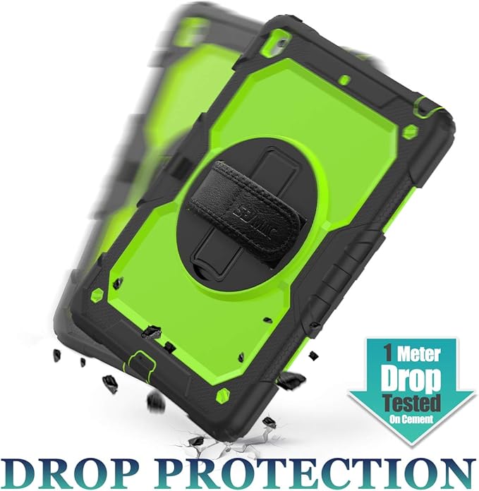 SEYMAC stock Case for iPad 9th/ 8th/ 7th Generation 10.2'', Shockproof with Screen Protector, Pencil Holder [360° Rotating Hand Strap] & Stand, for iPad 10.2 inch 2021-2019 (Green+Black)