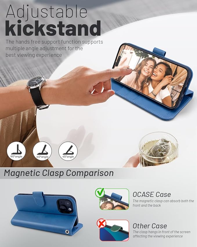 OCASE Compatible with iPhone 15 Wallet Case, PU Leather Flip Folio Case with Card Holders RFID Blocking Kickstand [Shockproof TPU Inner Shell] Phone Cover 6.1 Inch 2023, Light Blue