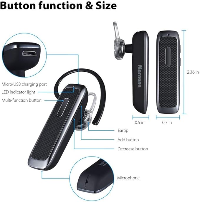 Bluetooth Headset, Hands-Free Wreless Bluetooth Earpiece with 18 Hours Playtime and Noise Cancelling Mic for iPhone Samsung Android Cell Phone Truck Driver - Black
