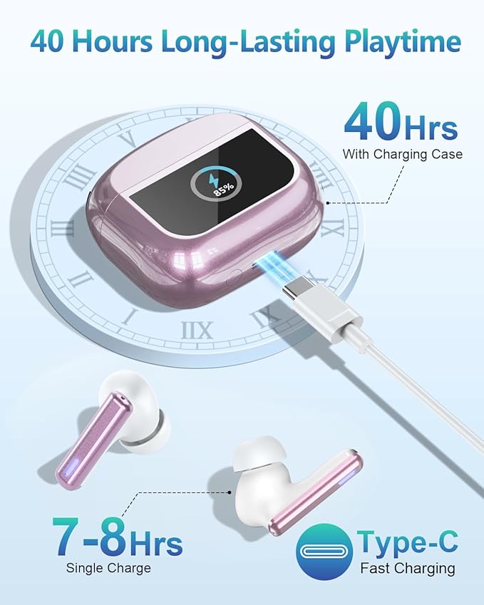Wireless Earbuds Bluetooth Headphones, Ear Buds with Touch Screen, ANC ENC Noise Cancelling Transparency Mode, 40H Stereo Deep Bass, IPX7 Waterproof, Clear Calls, 5 EQ for iOS Android (Pink)