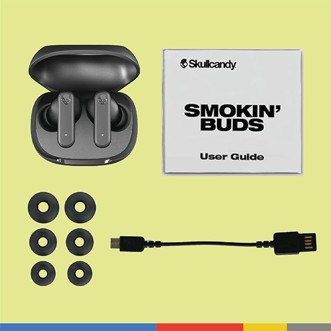 Skullcandy Smokin’ Buds Wireless Earbuds, Bluetooth Headphones, Noise Isolating Fit, Up to 20 Hours Battery, IPX4 Sweat and Water Resistant, Microphone for iPhone Android - True Black