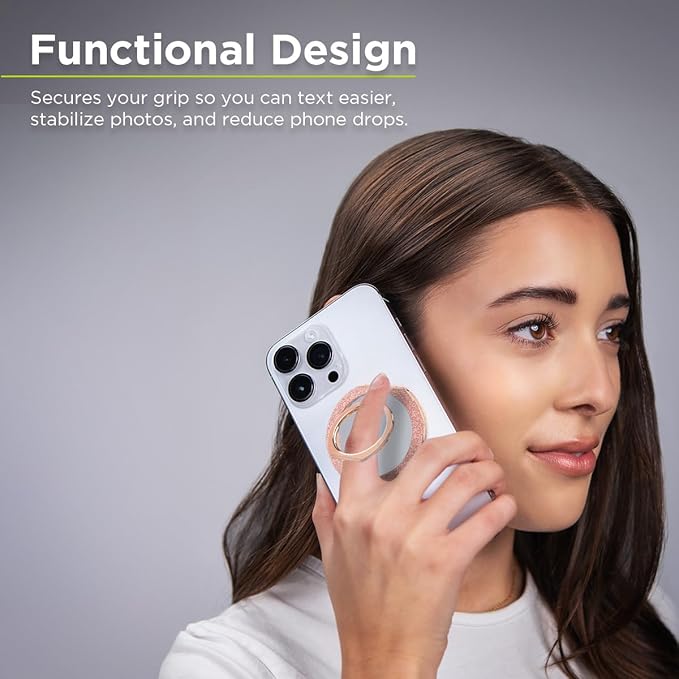 PureGear Magnetic Phone Grip Ring Stand, Magnetic Phone Ring Holder for MagSafe iPhone 16, 16Pro, 16Plus, 16ProMax, 15, 15Plus, 14, 14ProMax, 13,12, Adjustable Kickstand(Chrome Rose Gold Pink Glitter)