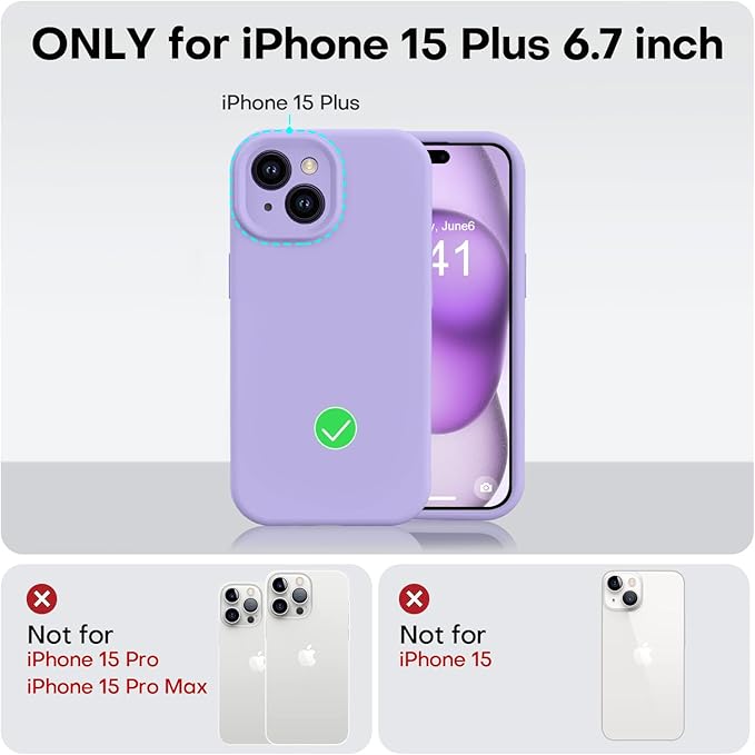 Vooii Compatible with iPhone 15 Plus Case, Upgrade Liquid Silicone [Enhanced Camera Protection] [Soft Anti-Scratch Microfiber Lining] Shockproof Phone Case for iPhone 15 Plus 6.7 inch - Light Purple