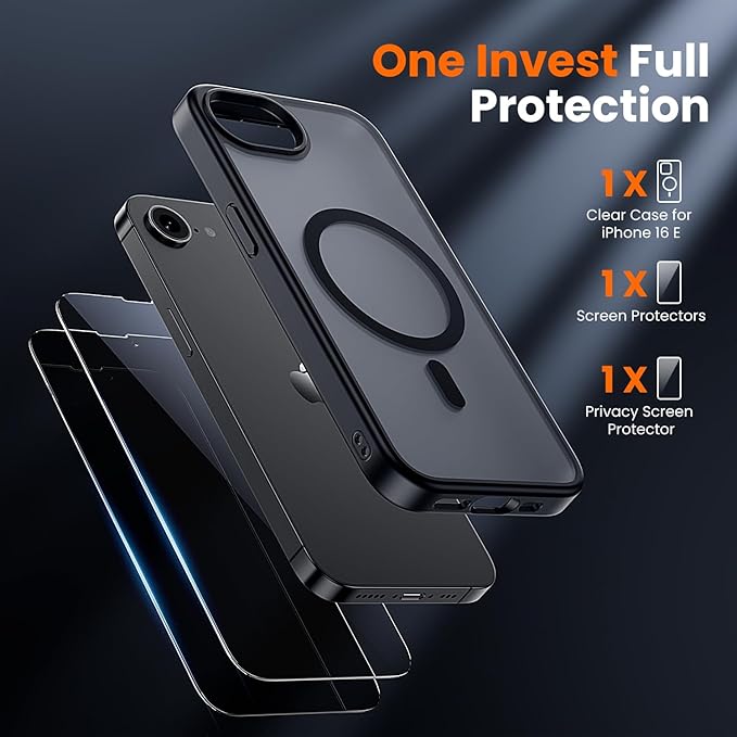 3 in 1 for iPhone 16 E Case, Screen Protector*2,Matte Skin Feeling Back Cover Military-Grade Protection for iPhone 16e Phone Case 6.1 inch Matte Black