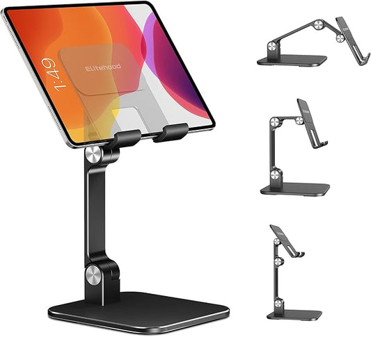 elitehood Aluminum iPad Stand for Desk [Ultra-Stable & Sturdy], Height Adjustable Tablet Stand, Portable Tablet Holder Dock for Home Office, Compatible with iPad Pro 12.9, iPad Air Mini 6 5 4 3, Black