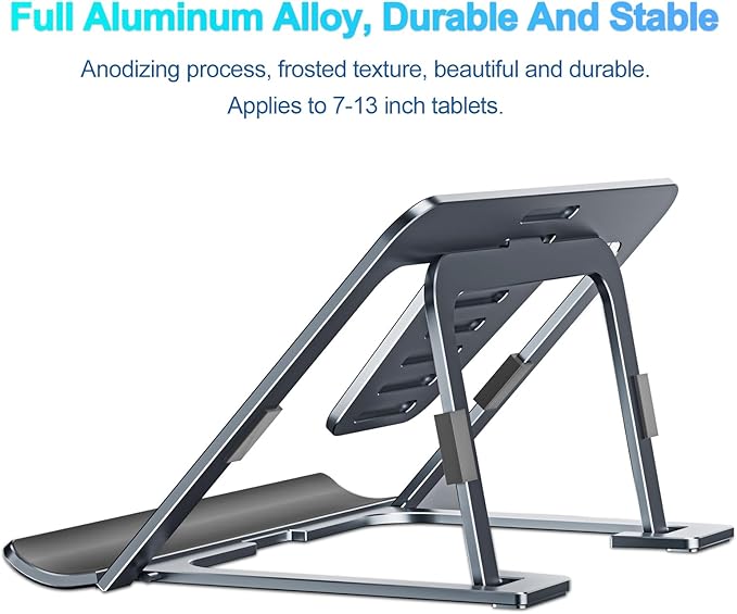 Tablet Stand Adjustable & Foldable, Slim Portable Aluminum Tablet Holder for Desk, Compatible with iPad Pro/Air/Mini, Samsung Tab, Surface Pro, Kindle Fire (7-13") (Gray)
