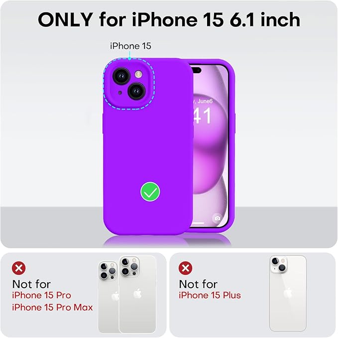 Vooii Compatible with iPhone 15 Case, Upgrade Defender Liquid Silicone, [Enhanced Camera Protection] [Soft Anti-Scratch Microfiber Lining] Shockproof Phone Case for iPhone 15 6.1 inch - Neon Purple