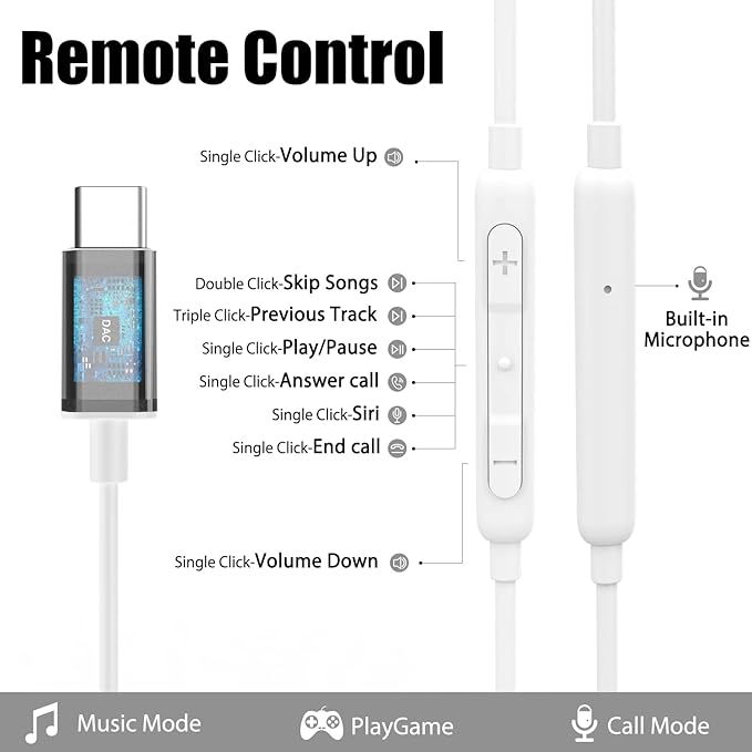 USB C Headphones, Type C Earbuds Magnetic Wired Earphones with Microphone and Volume Control Compatible with Google Pixel Xiaomi Samsung Oneplus Sony MacBook White