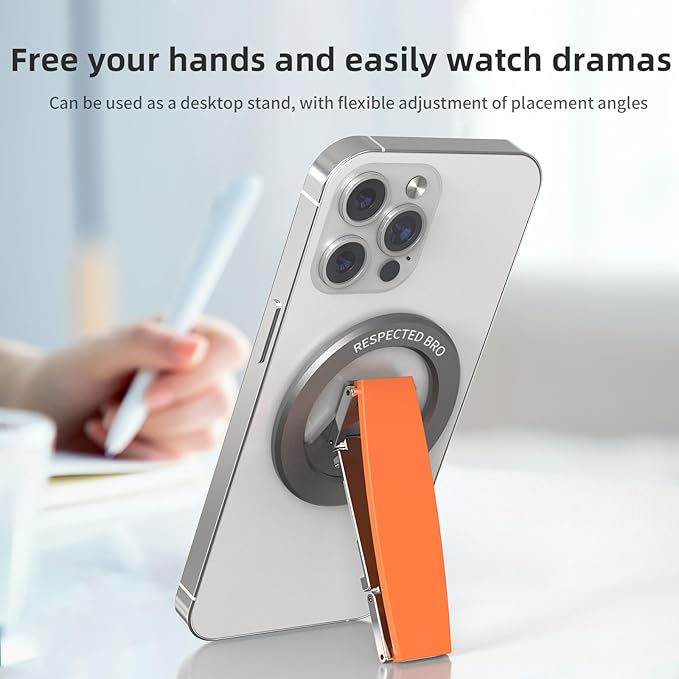 Magnetic-Phone-Grip-Stand, Magnetic Phone Ring Holder Kickstand with Silicone Finger Strap, Compatibility for iPhones, Androids, and More (Orange)