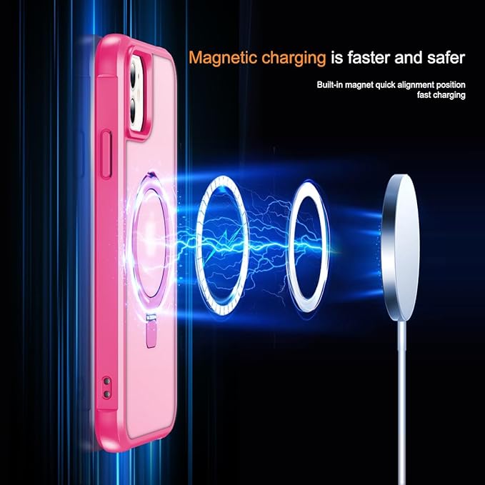 Magnetic Compatible with iPhone 11 Case with Stand [Military Grade Drop Tested][Compatible with Magnet] Ring Translucent Slim Hard Back Soft Edge, Rose Red