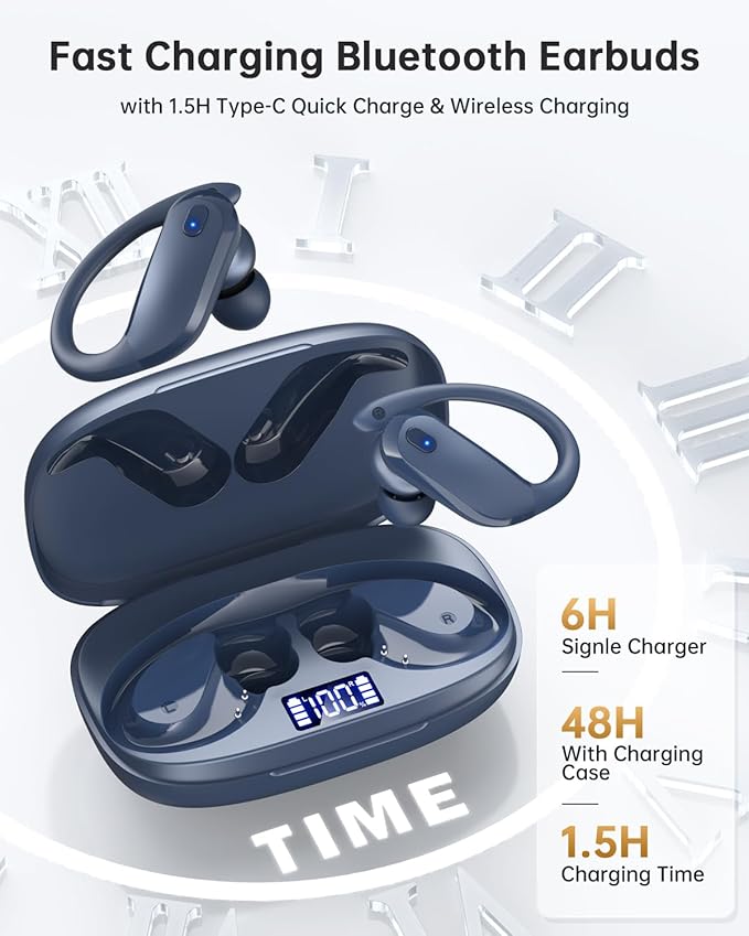 Bluetooth Earbuds with Earhooks 48H Playtime,IPX7 Waterproof Wireless Headphones with Bluetooth 5.3,ENC Noise Cancelling Mic,Lightweight Fit for Office,Travel Gym Daily Style (Dark Blue)