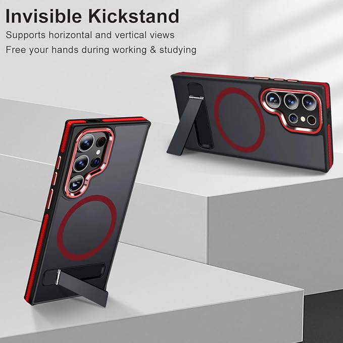 Magnetic Case for Samsung Galaxy S24 Ultra with Stand, Compatible with MagSafe, Anti-Slip Cover & Shockproof, Slim Translucent Back for Galaxy S24 Ultra Phone Case (Black/Red)