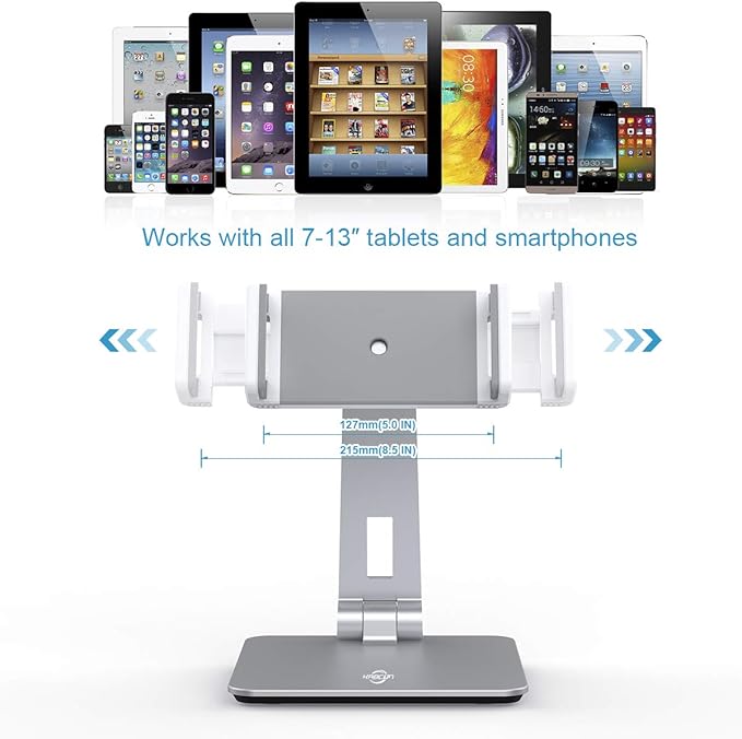 KABCON Tablet Stand Holder, Tightness Adjustable Multi-Angle Foldable Eye-Level Aluminum Solid Tablets Stands Dock for 4''-14''Tablets/Phone, iPad Series,Samsung Galaxy Tabs,Kindle Fire,Etc.