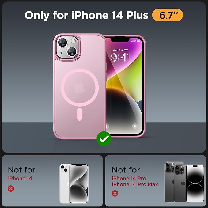 Miracase Magnetic for iPhone 14 Plus Case 6.7 inch (Compatible with MagSafe)（with 2X Screen Protectors） Military-Grade Protection, Anti-Fingerprint Translucent Matte Phone Case Cover, Mes Pink