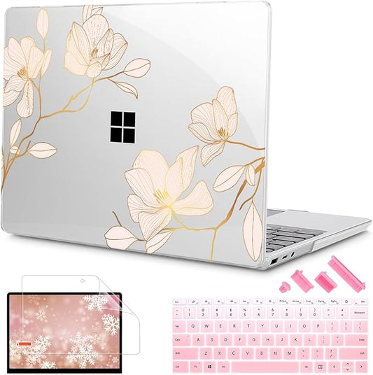 Tuiklol Case for 12.4 Inch Microsoft Surface Laptop Go 3/2 / 1 2023-2020 Releases, Plastic Hard Shell Case with Screen Protector and Keyborad Cover +Dust Plugs Model 2013/1943,Luxury Floral