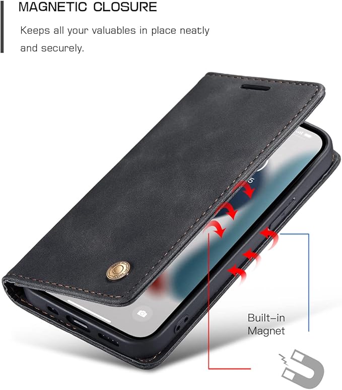 QLTYPRI Case for iPhone 14, Vintage PU Leather Wallet Case Card Slot Kickstand Magnetic Closure Shockproof Flip Folio Book Case Cover for iPhone 14(6.1 inch) - Black