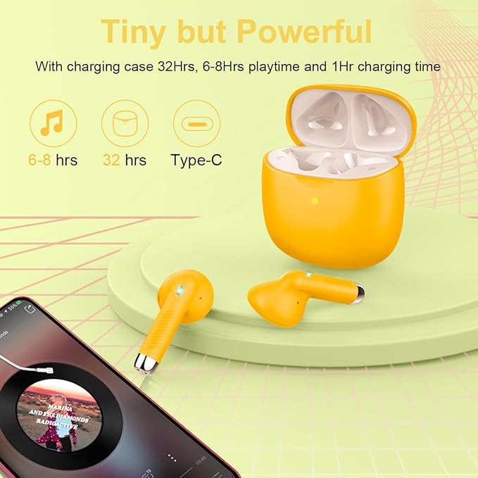 Wireless Earbuds, Bluetooth 5.4 Headphones in Ear with Noise Cancelling Mic, Bluetooth Earbuds Stereo Bass, IP7 Waterproof Sports Earphones, 32H Playtime USB C Charging Ear Buds Yellow for Android iOS