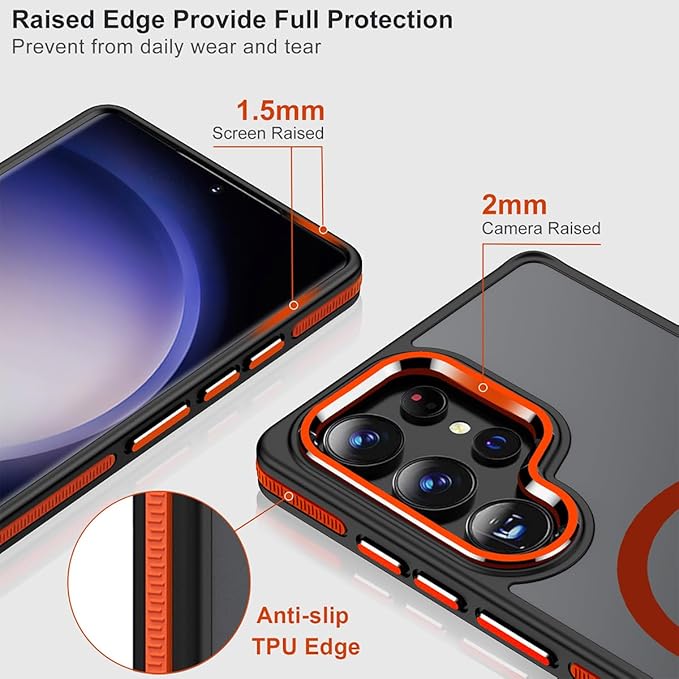 Stand Case for Samsung Galaxy S25 Ultra with 3 Way Adjustable, Shockproof Translucent Phone Case Fits for Magsafe, Hybrid Color Anti-Slip Matte Cover for Galaxy S25 Ultra (Black/Orange)