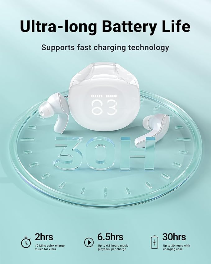 ACEFAST T9 Bluetooth Earphones True Wireless Earbuds 5.3 Headphones with ENC Noise Canceling Earbuds 30h Playback LED Power Display Built in Mic Headphones with IPX4 Waterproof for Sports White