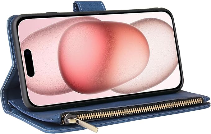 Asuwish Compatible with iPhone 15 6.1 inch Wallet Case Tempered Glass Screen Protector and Leather Flip Cover Card Holder Stand Cell Phone Cases for iPhone15 5G i i-Phone i15 15Case Women Men Blue
