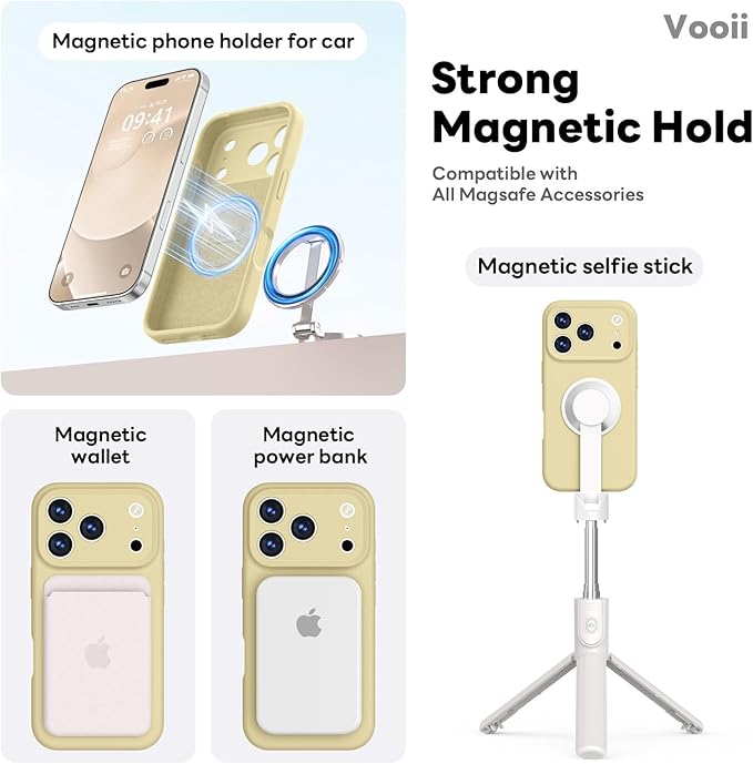 Vooii Magnetic Compatible with iPhone 17 Pro Max Case (Compatible with Magsafe) (Upgraded Camera Protection) Liquid Silicone Shockproof Full Body Protective Phone Cover for Women Men, Creamy Yellow