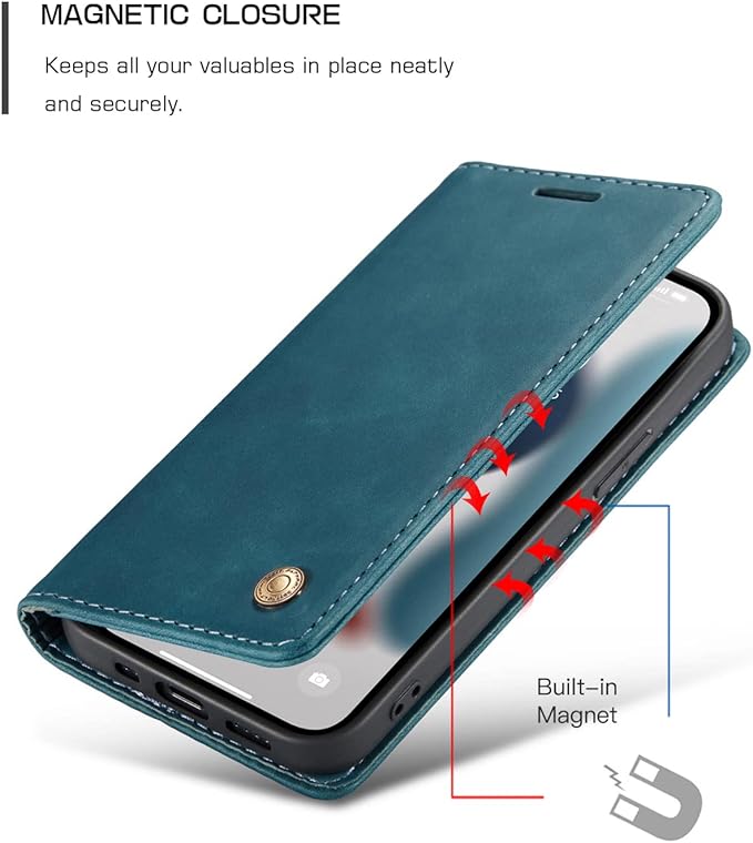 QLTYPRI Case for iPhone 14, Vintage PU Leather Wallet Case Card Slot Kickstand Magnetic Closure Shockproof Flip Folio Book Case Cover for iPhone 14(6.1 inch) - Blue