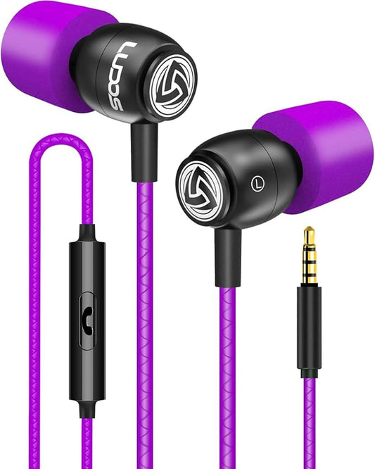 LUDOS Clamor Wired Earbuds in-Ear Headphones, 5 Years Warranty, Earphones with Microphone, Noise Isolating Ear Buds, Memory Foam for iPhone, Samsung, School Students, Kids, Women, Small Ears - Purple