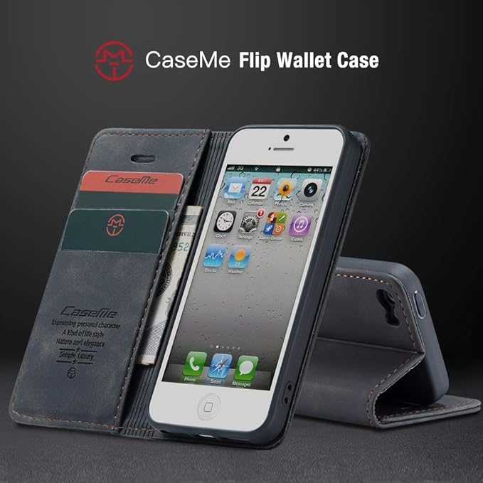 for iPhone 5 / iPhone 5S / iPhone SE (2016) Case, Flip Wallet Leather Case with Card Holder Magnetic Closure Shockproof Kickstand Protective Phone Cases Cover for iPhone 5S,Black