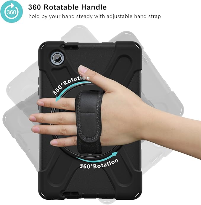 ProCase Rugged Case for Lenovo Tab One/K9 8.7 Inch 2025, Heavy Duty Shockproof Rugged Protective Cover Rotating Kickstand with Handle Holder Shoulder Strap for Lenovo Tab One/K9 -Black