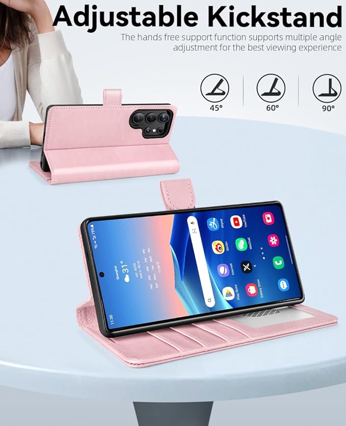 OCASE Compatible with Galaxy S25 Ultra Wallet Case, PU Leather Flip Folio Case with Card Holders RFID Blocking Kickstand [Shockproof TPU Inner Shell] Protective Phone Cover 2025, Pink