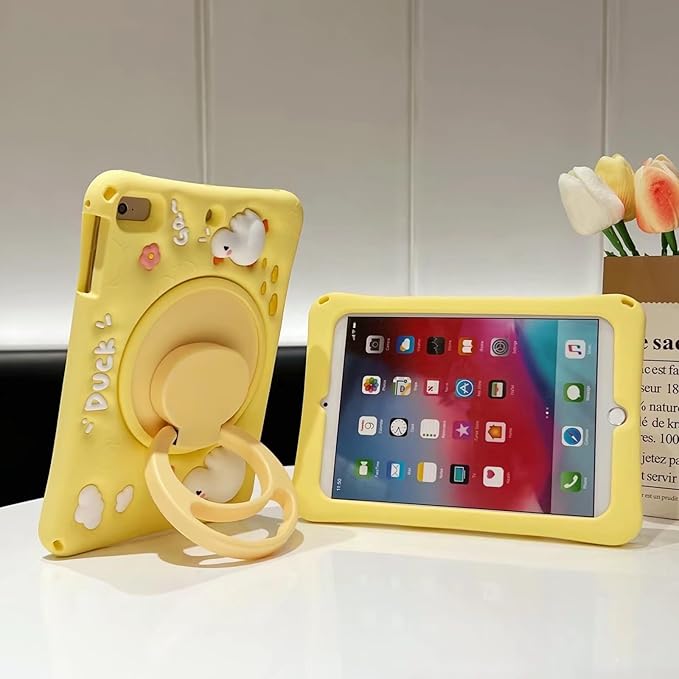 3D Cute Press Duck Case for Samsung Galaxy Tab A8 10.5 inch 2022 SM-X200/X205/X207,Kawaii Cartoon Character Duck Soft Silicone Rotating Stand Case with Lanyard for Kids Teens Girls Women