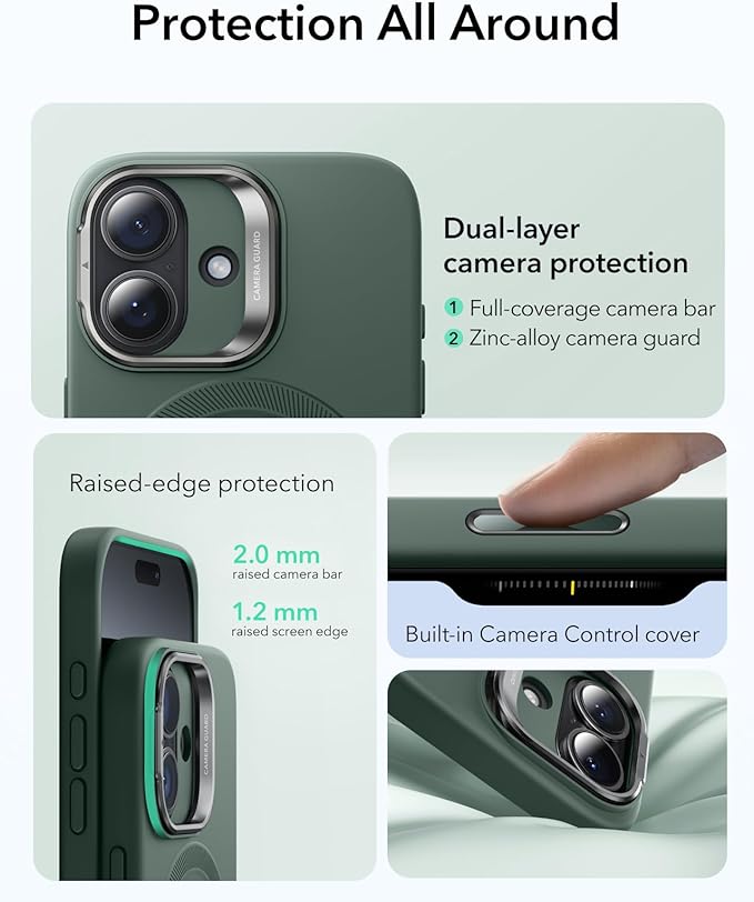 ESR Silicone Case for iPhone 17, Built-in Camera Stash Stand Compatible with MagSafe, Military-Grade Drop Protection Magnetic Phone Case for iPhone 17, Cloud Series, Olive Green