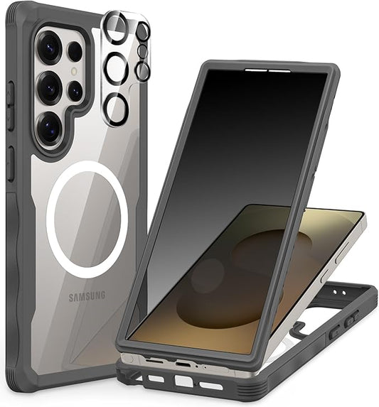 CENHUFO Magnetic Privacy for Samsung Galaxy S25 Ultra Case, Full Body Phone Case with Built-in 9H Tempered Glass Privacy Screen Protector and Camera Lens Cover, Shockproof Protective Bumper - Grey