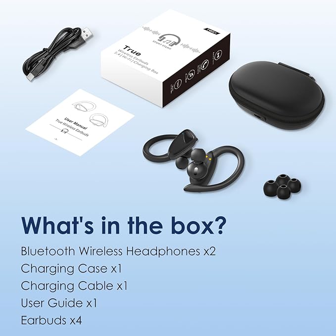 Wireless Earbuds Bluetooth Headphones, 23Hrs Playback Sport Earphones with LED Display Over-Ear Buds with Earhooks, Sweatproof Running Ear Buds with Earhooks Workout Earphones (Black)