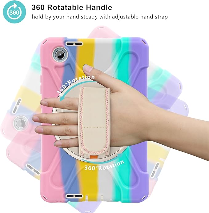 ProCase Rugged Case for Lenovo Tab One/K9 8.7 Inch 2025, Heavy Duty Shockproof Rugged Protective Cover Rotating Kickstand with Handle Holder Shoulder Strap for Lenovo Tab One/K9 -Colorful