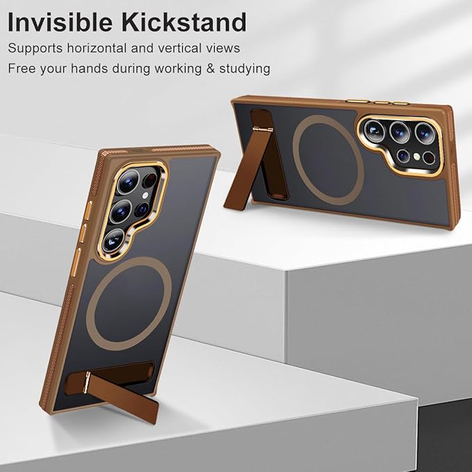 Case for Samsung Galaxy S24 Ultra, Compatible with Magsafe, [Invisible & Adjustable Stand] for Matte Translucent Cover, Anti-Slip Shockproof Slim Phone Case for Galaxy S24 Ultra (Brown)