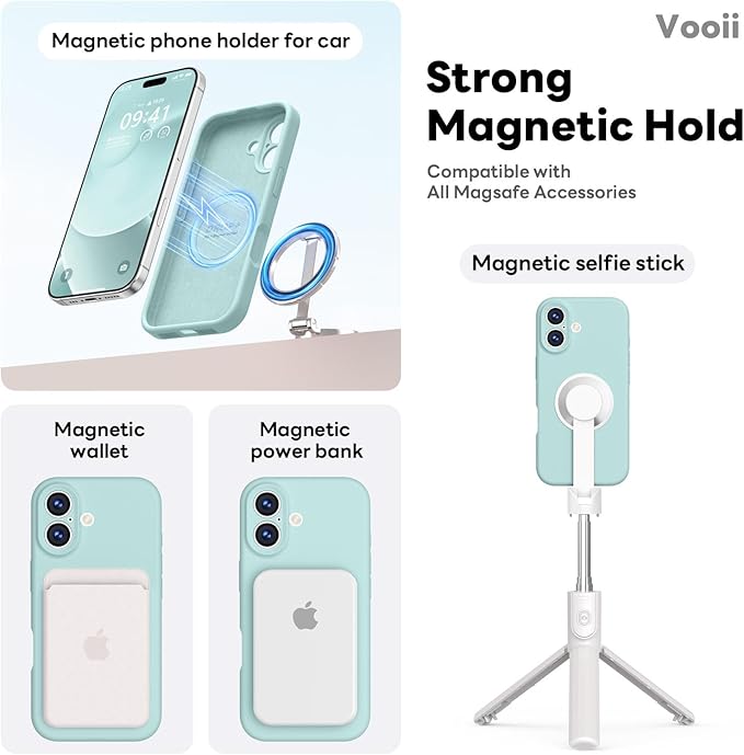 Vooii Magnetic Compatible with iPhone 17 Case (Compatible with Magsafe) (Upgraded Camera Protection) Liquid Silicone Shockproof Full Body Protective Phone Cover for Women Men, Mint, 6.3"