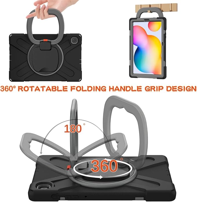 360 Rotation Case for Samsung Galaxy Tab S6 Lite 10.4" Sturdy Cover Rotate Ring Stand Shoulder Carrying Strap Hand Strap Rugged Children Adults Outdoor Case (Black+Gray)