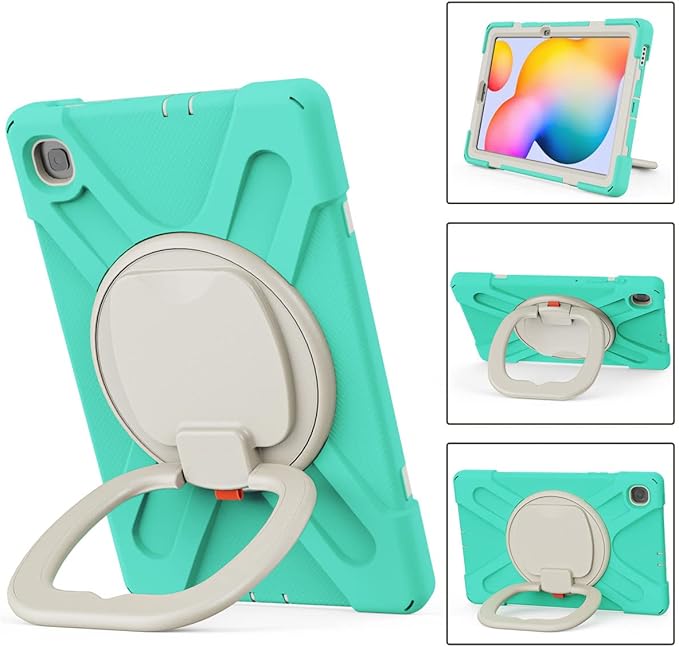 360 Rotation Case for Samsung Galaxy Tab S6 Lite 10.4" Sturdy Cover Rotate Ring Stand Shoulder Carrying Strap Hand Strap Rugged Children Adults Outdoor Case (MintGreen)