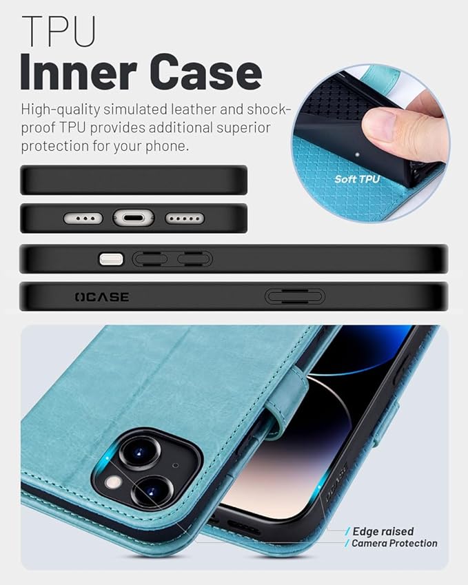 OCASE Compatible with iPhone 15 Wallet Case, PU Leather Flip Folio Case with Card Holders RFID Blocking Kickstand [Shockproof TPU Inner Shell] Phone Cover 6.1 Inch 2023, Mint Green