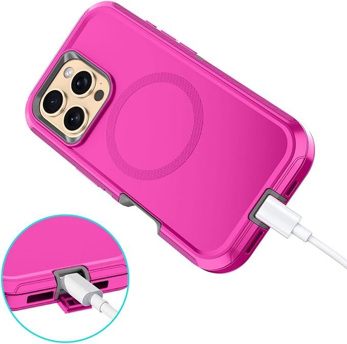 for iPhone 16 Pro Case [Compatible with MagSafe] Shockproof 3-Layer Full Body Protection [Without Screen Protector] Rugged Heavy Duty Cover Case for Apple iPhone 16 Pro 6.3",Rose Red/Grey